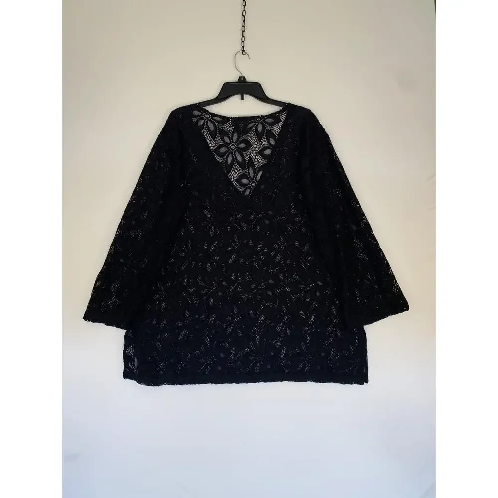 J Valdi Cover Up Womens XL Black Crochet Lace Sheer Floral Swim Tunic Top